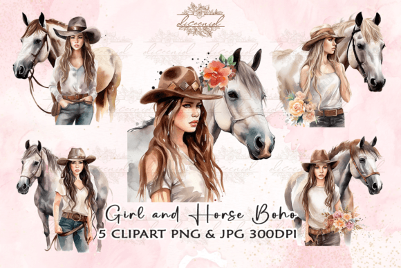Download Girl and Horse Boho Watercolor Clipart - Watercolor Collection