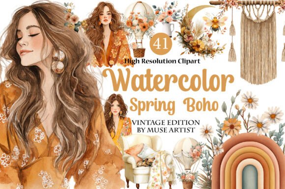 Download Watercolor Spring Boho Clipart - Watercolor Collection