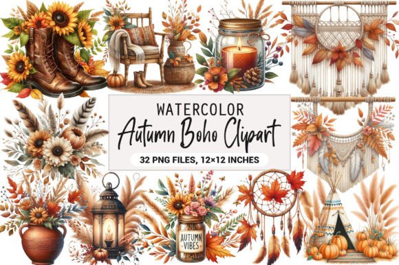 Download Watercolor Autumn Boho Clipart Bundle - Watercolor Collection