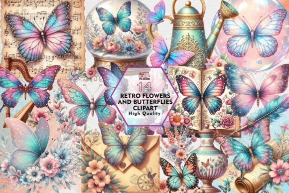 Download Retro Flowers and Butterflies Clipart - Butterflie Collection