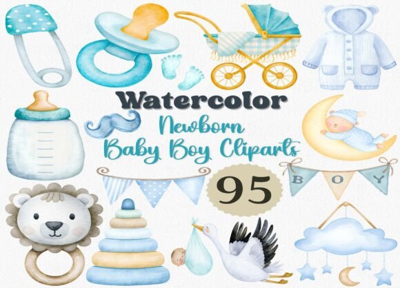 Download Watercolor Newborn Baby Boy Clipart Set - Watercolor Collection